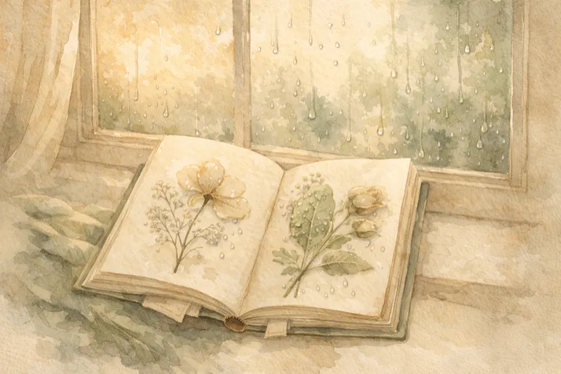 Rainy window with pressed flowers journal, melancholy