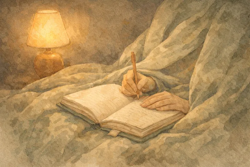 Cozy bed with blankets and journaling