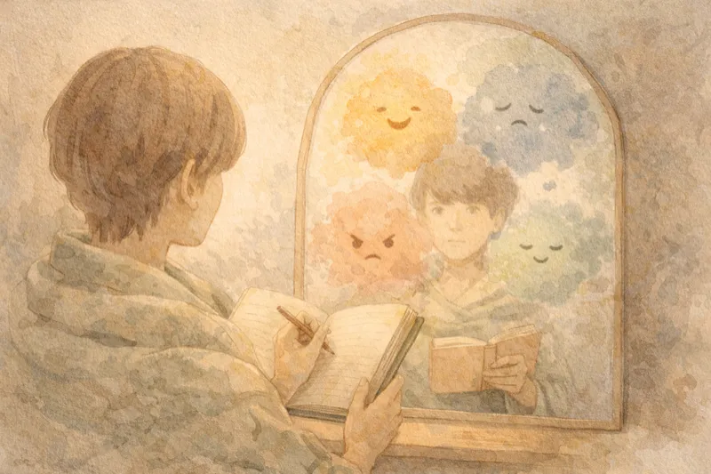 Person journaling while looking in mirror with colorful emotions