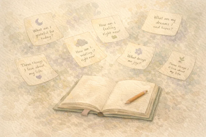 Calming journal prompts floating like leaves