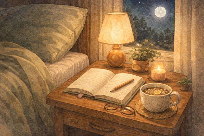 Cozy evening journaling scene with moonlight and candle