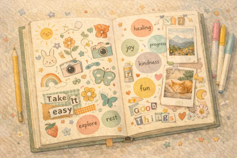 Creative scrapbook-style journal with stickers and colors